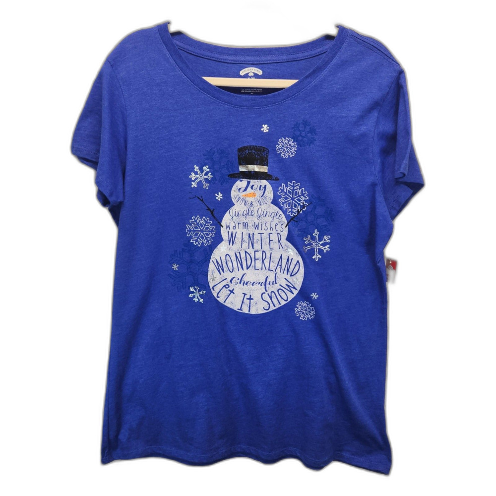 NEW Holiday Time Blue & White Frosty the Snowman Short Sleeve T-Shirt XL